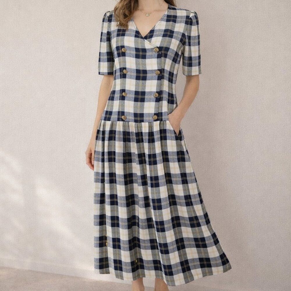 Lanz Originals Vintage Plaid Drop Waist Midi Dress Navy Yellow Large